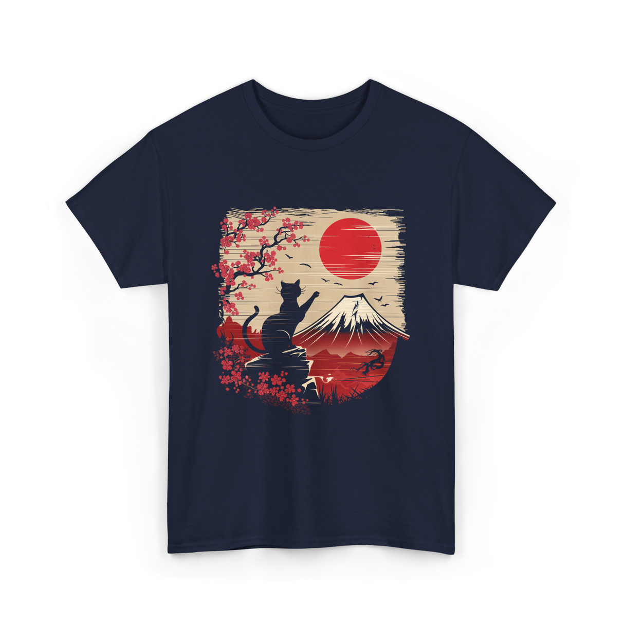 Japan Art Black Cat T-Shirt - Navy
