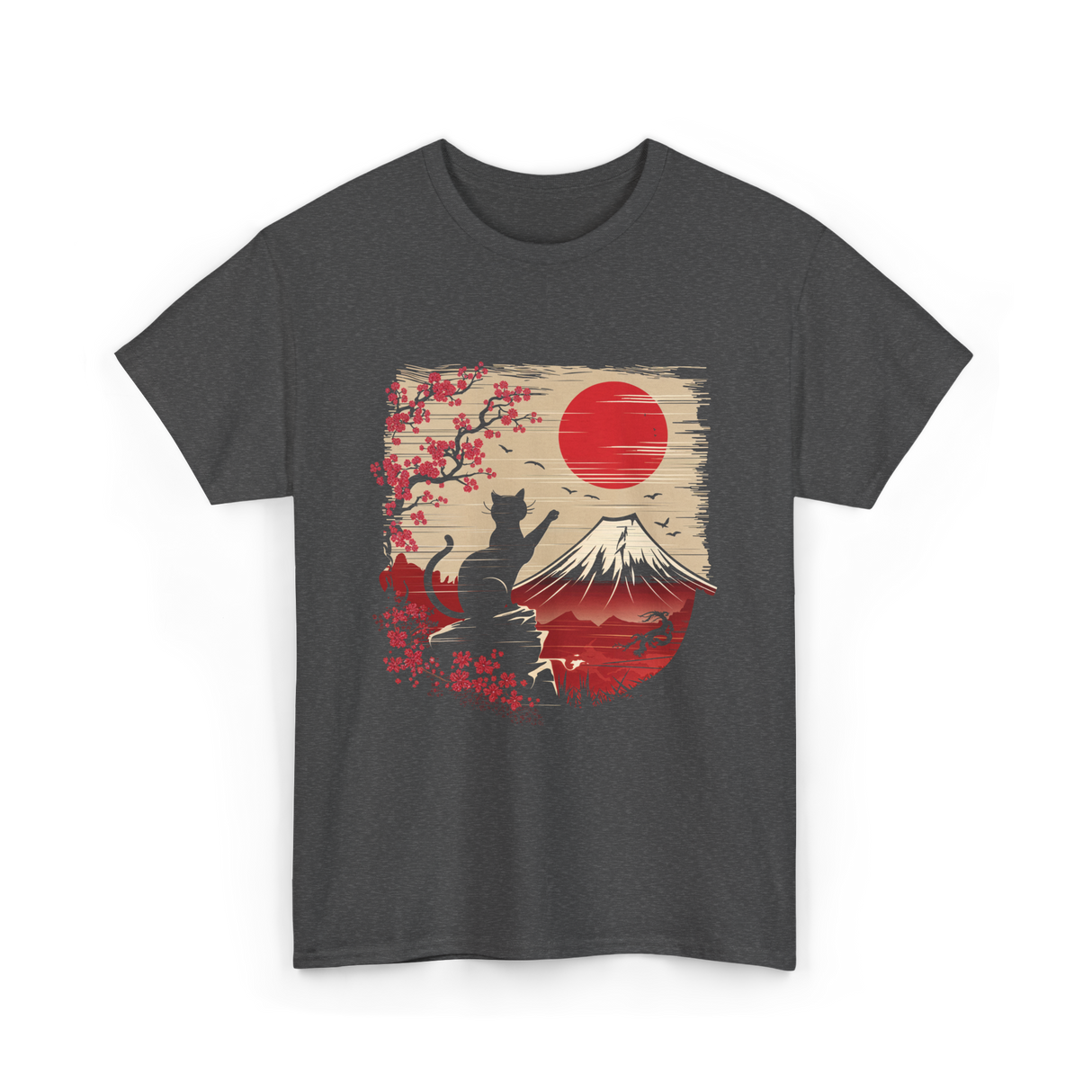 Japan Art Black Cat T-Shirt - Dark Heather