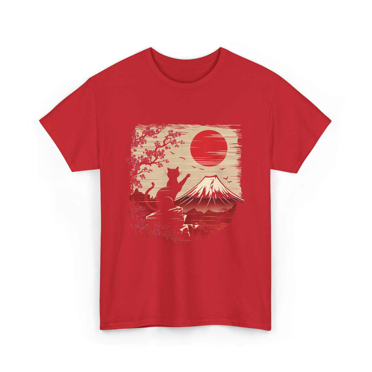 Japan Art Black Cat T-Shirt - Red