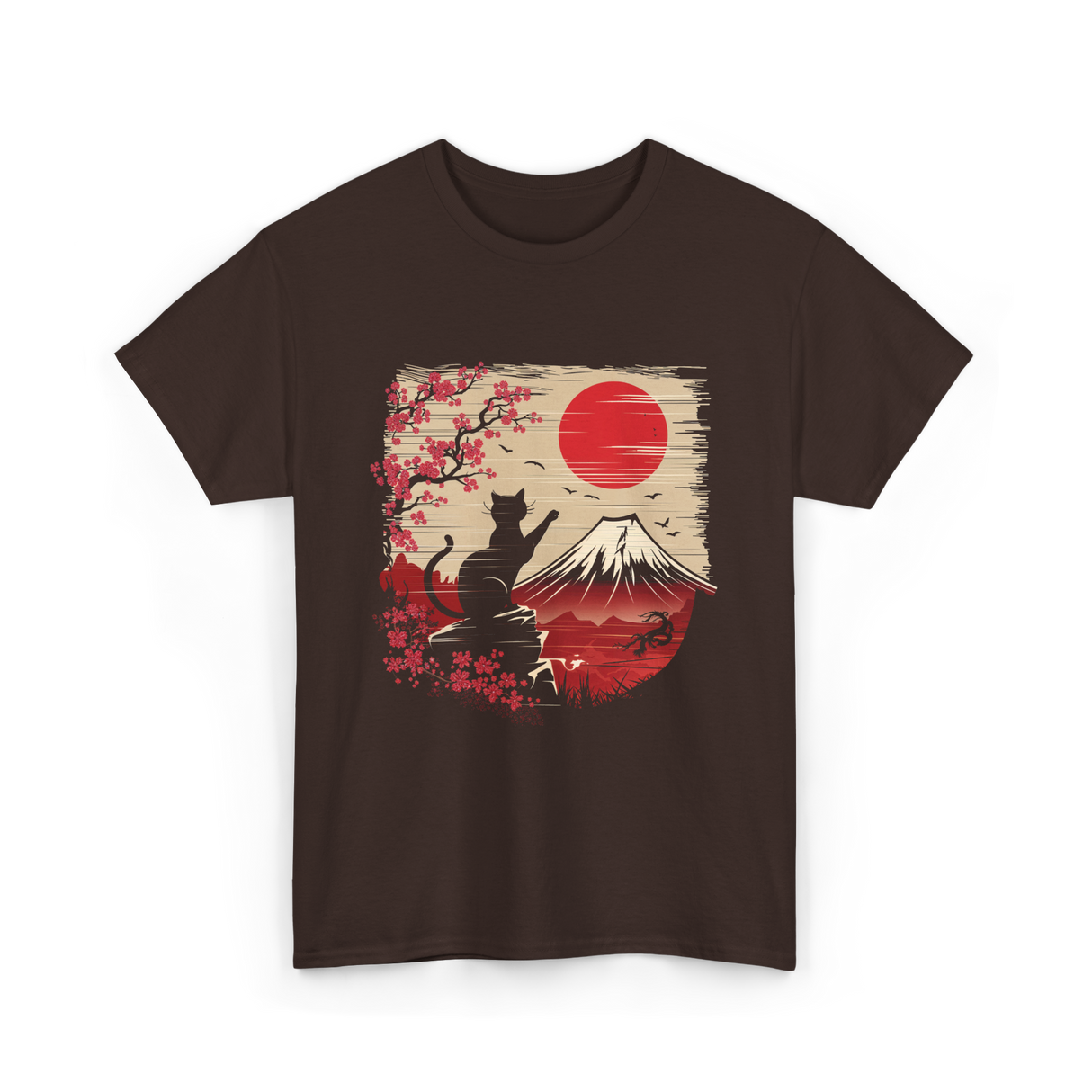 Japan Art Black Cat T-Shirt - Dark Chocolate