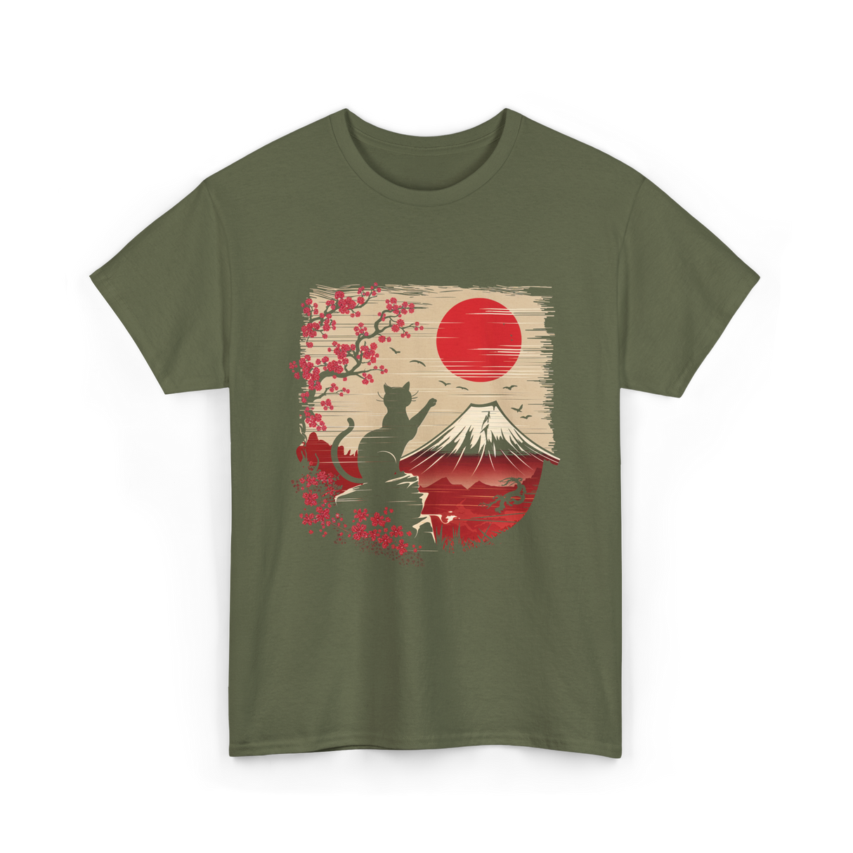 Japan Art Black Cat T-Shirt - Military Green