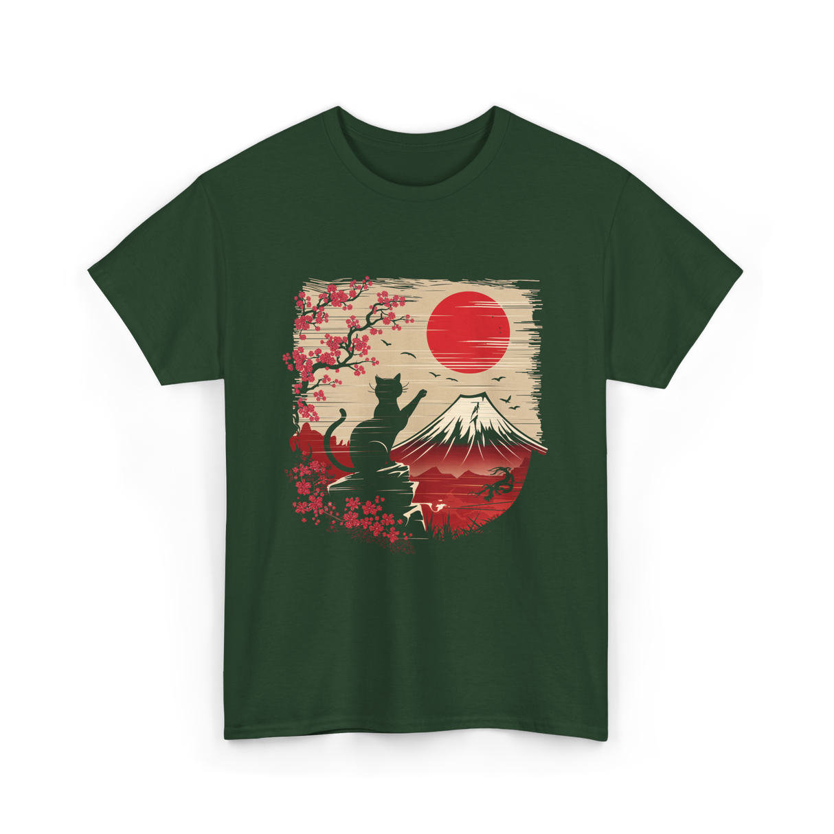 Japan Art Black Cat T-Shirt - Forest Green