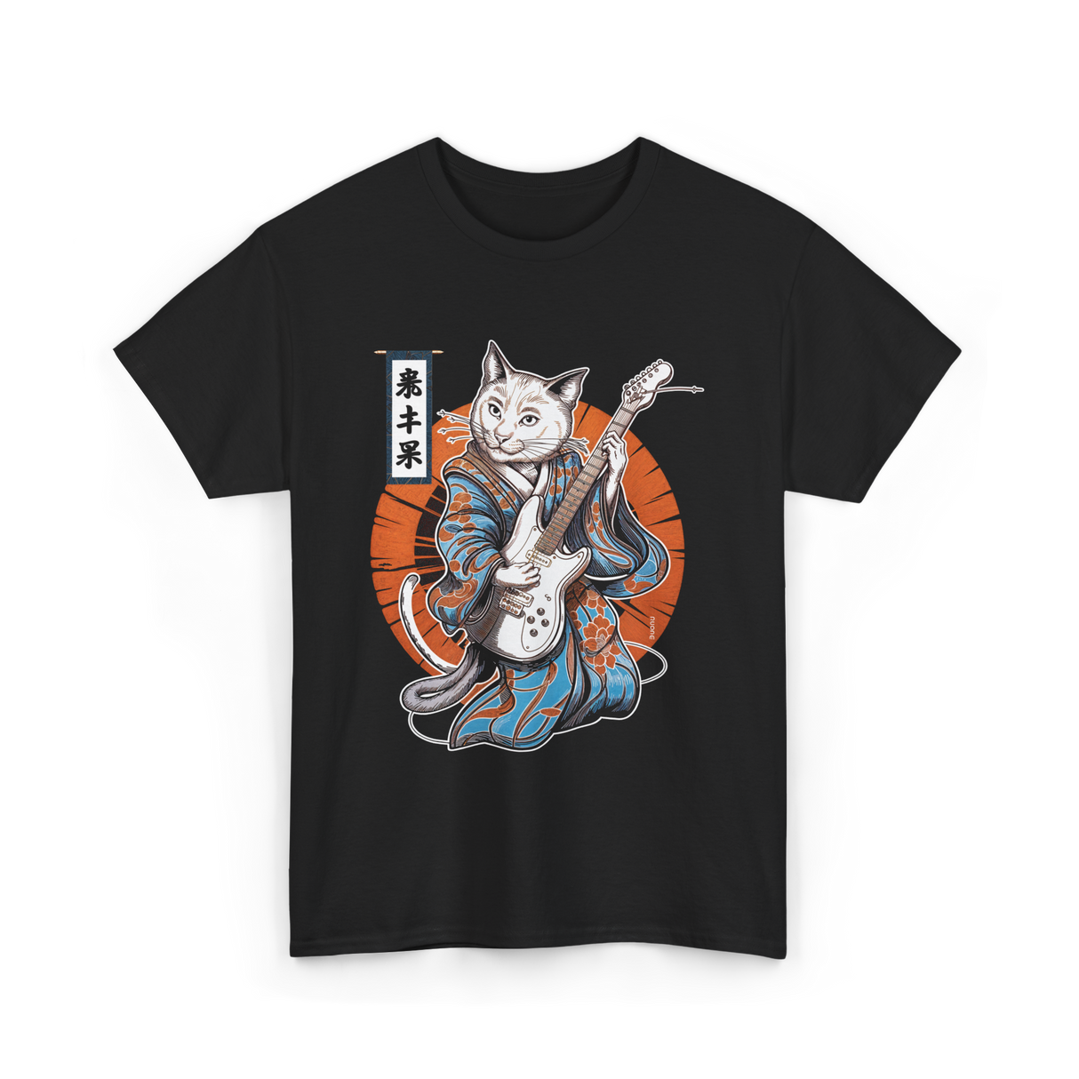 Japanese Samurai Cat Guitar Cat T-Shirt - Black