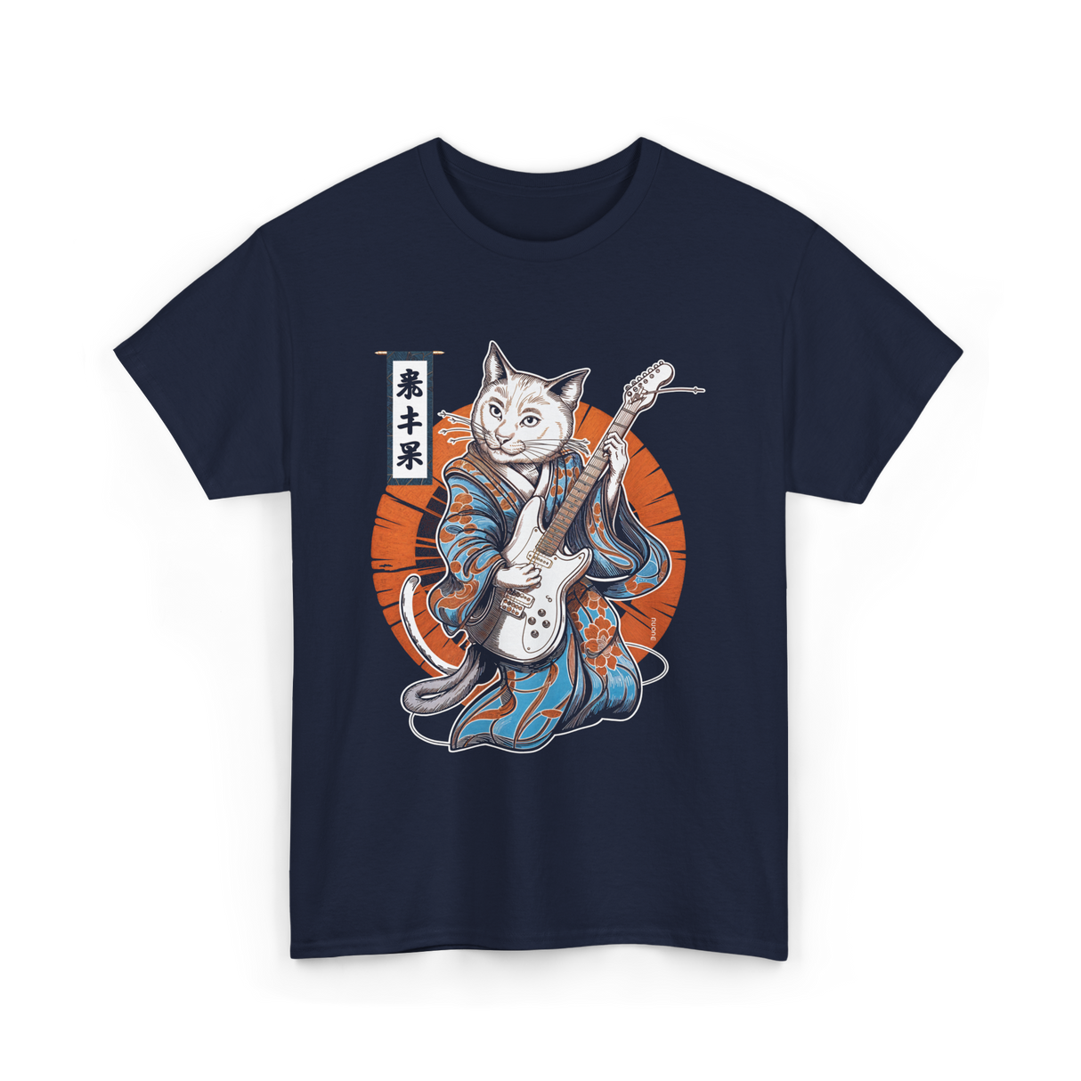 Japanese Samurai Cat Guitar Cat T-Shirt - Navy