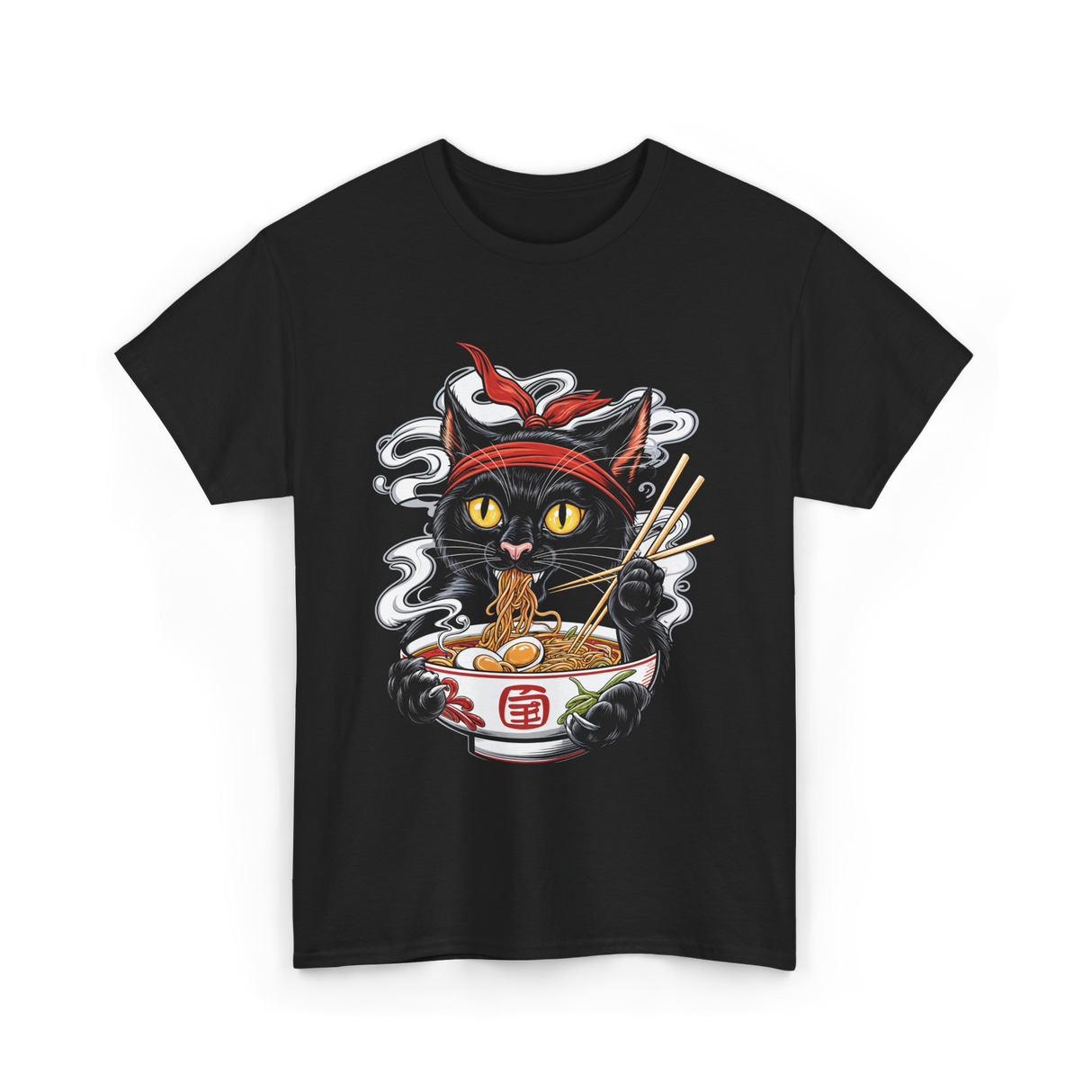 Kawaii Cat Ramen Noodle Cat T-Shirt - Black