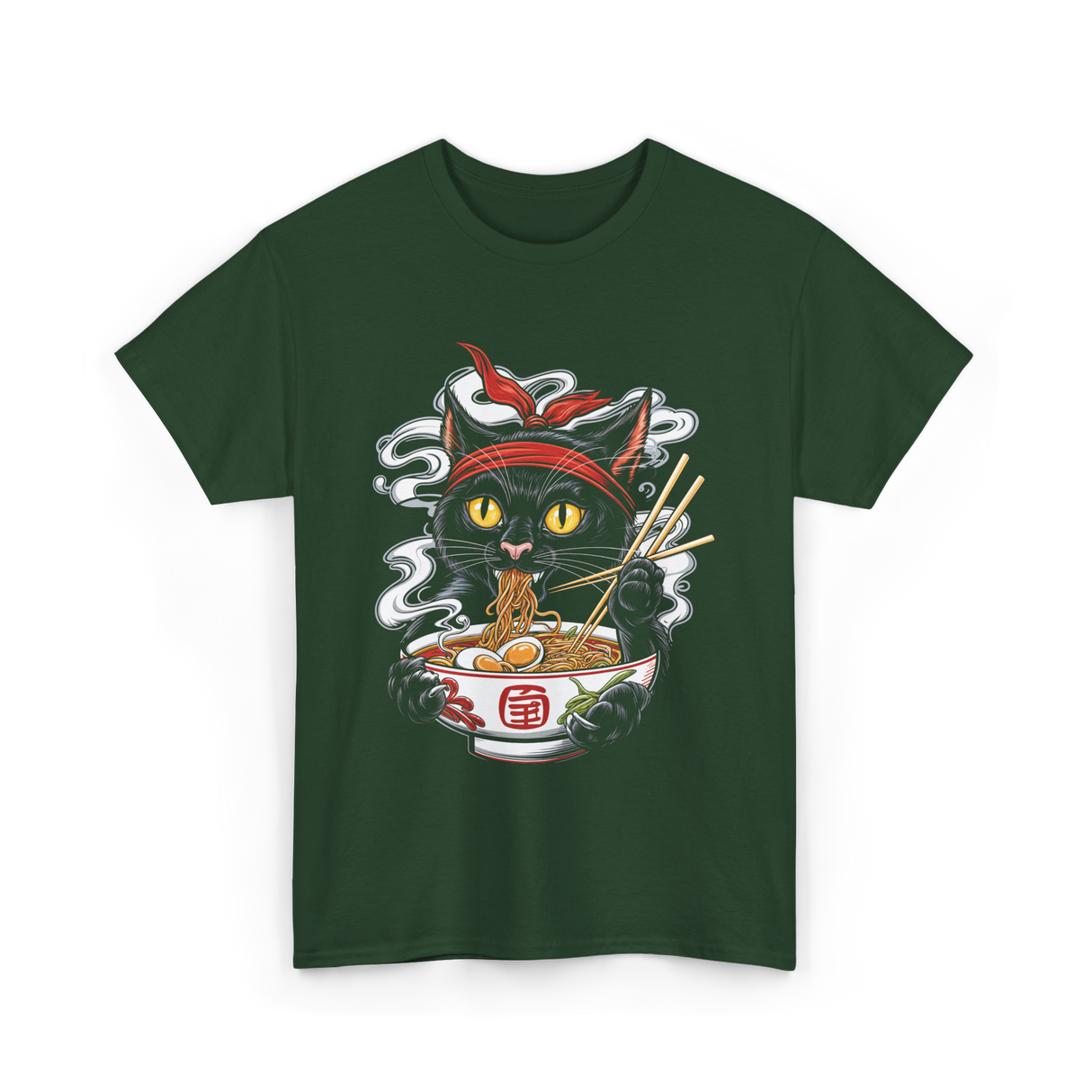 Kawaii Cat Ramen Noodle Cat T-Shirt - Forest Green