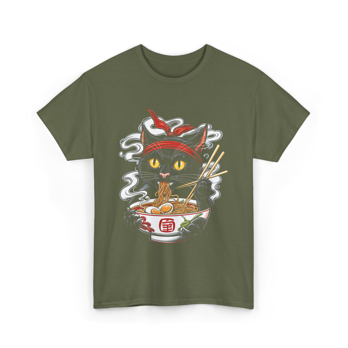 Kawaii Cat Ramen Noodle Cat T-Shirt - Military Green