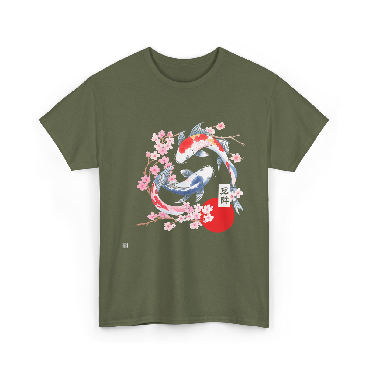 Koi Carp Cherry Blossom Art T-Shirt - Military Green