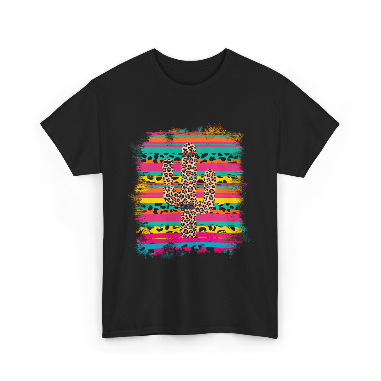 Leopard Print Cactus Western Art T-Shirt - Black