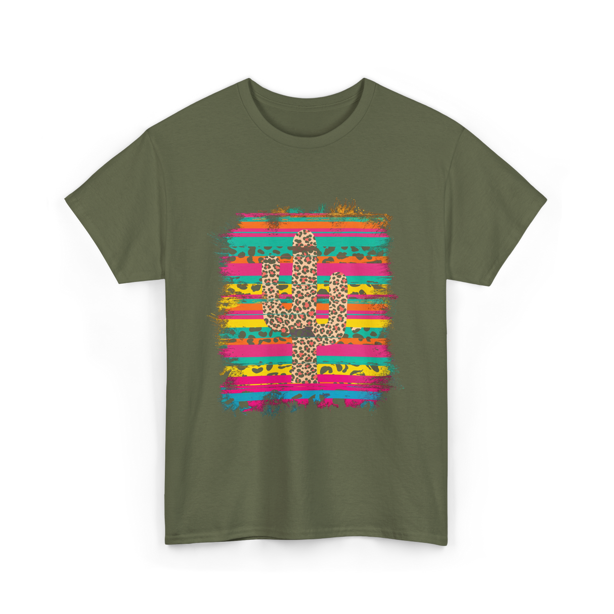Leopard Print Cactus Western Art T-Shirt - Military Green