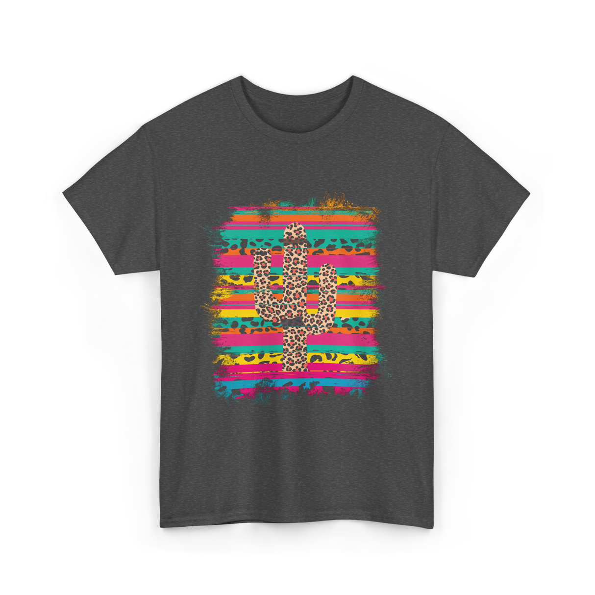 Leopard Print Cactus Western Art T-Shirt - Dark Heather