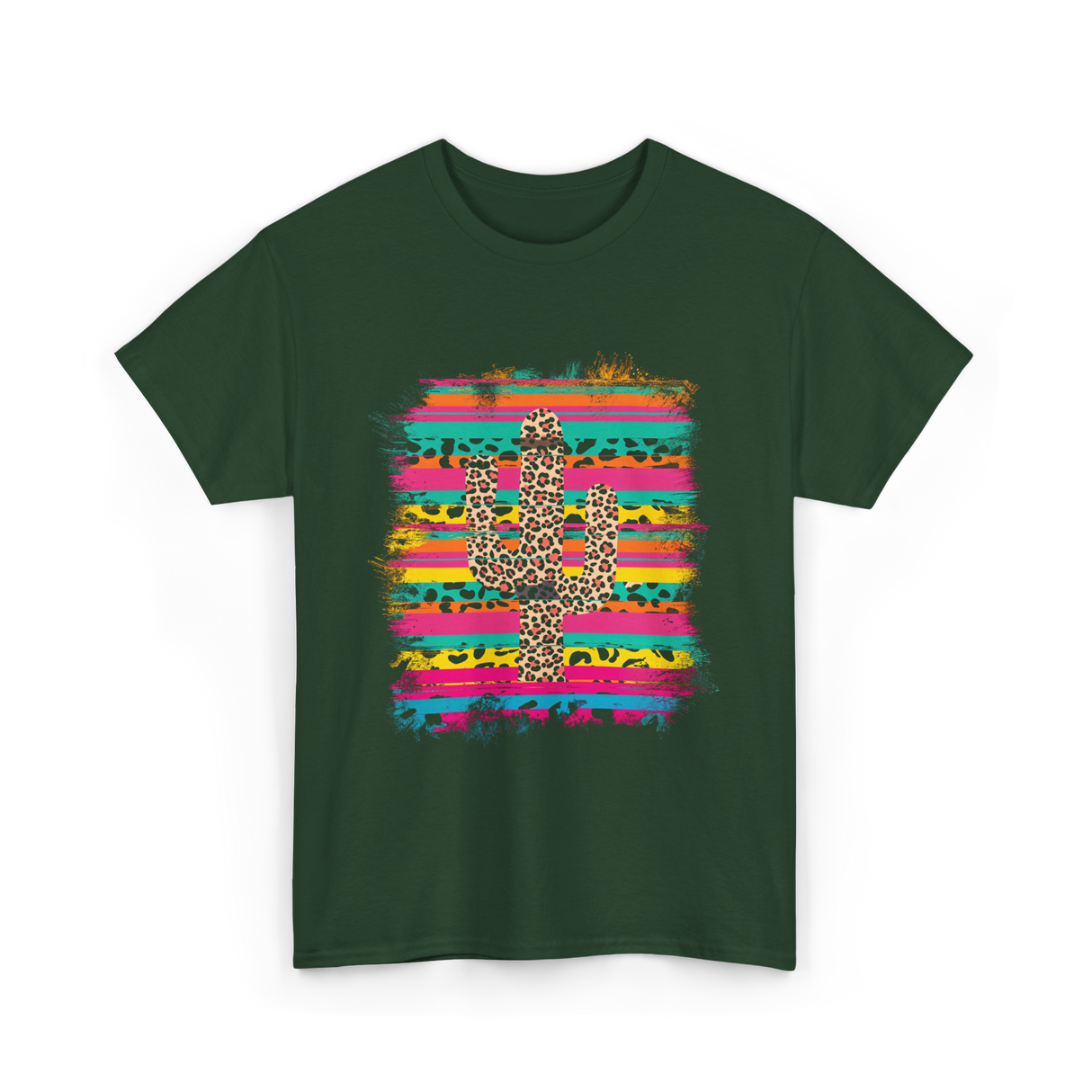 Leopard Print Cactus Western Art T-Shirt - Forest Green