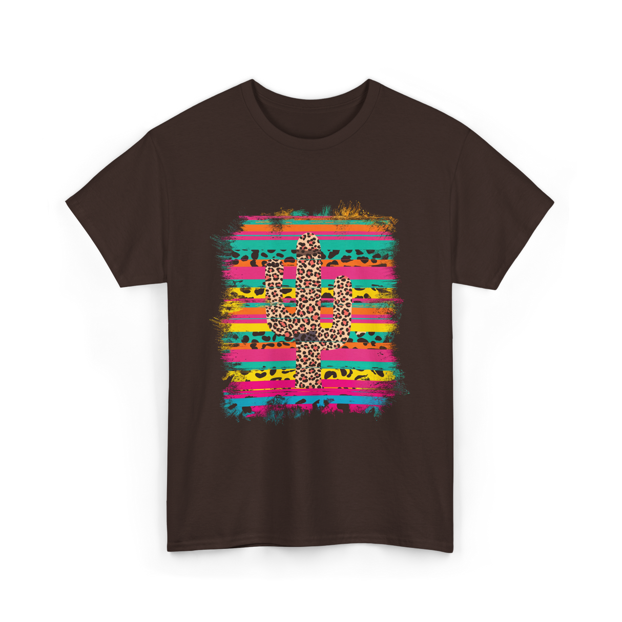 Leopard Print Cactus Western Art T-Shirt - Dark Chocolate