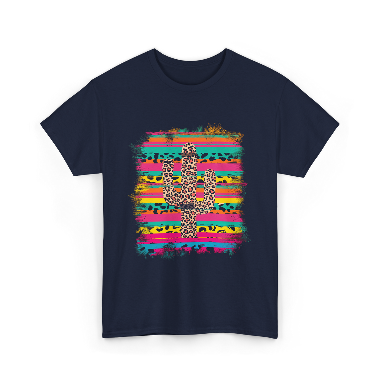 Leopard Print Cactus Western Art T-Shirt - Navy