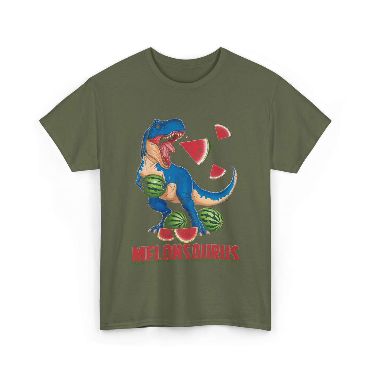 Melonsaurus Watermelon Dinosaur T-Shirt - Military Green