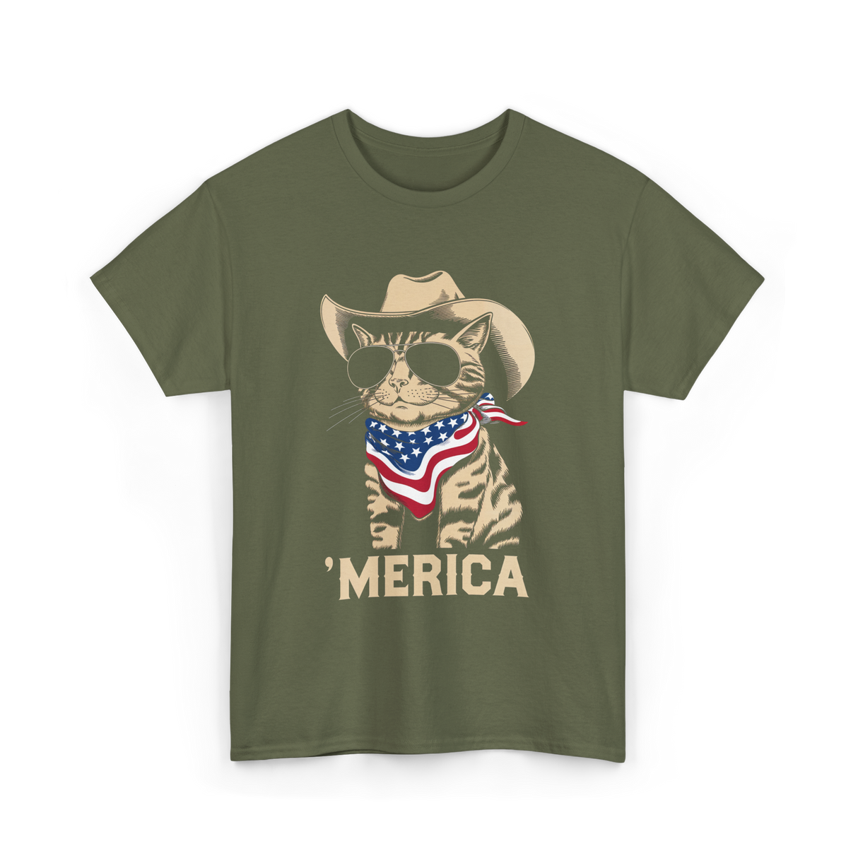 'Merica Cat Patriot T-Shirt - Military Green