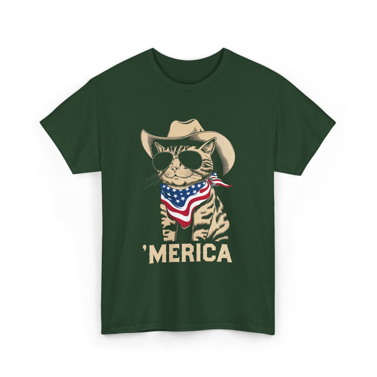 'Merica Cat Patriot T-Shirt - Forest Green