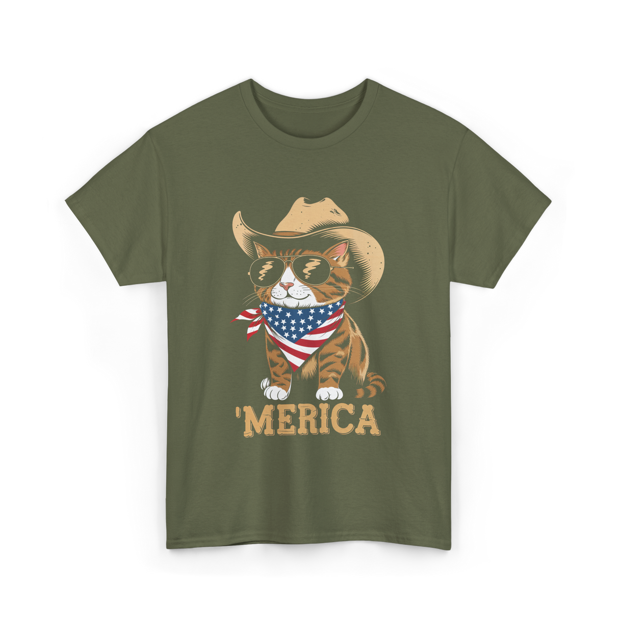 'Merica Cat Patriotic T-Shirt - Military Green