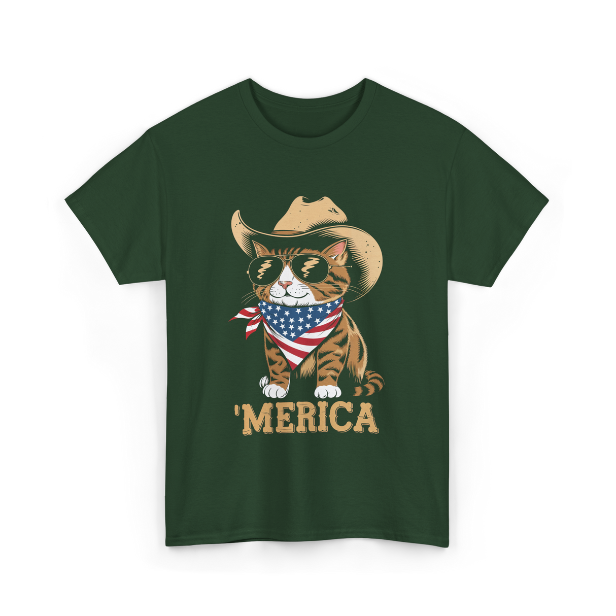 'Merica Cat Patriotic T-Shirt - Forest Green