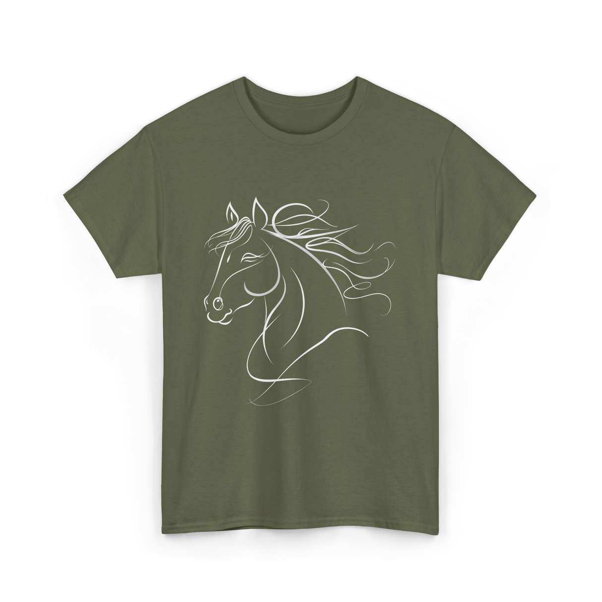 Minimal Horse Head Horse Riding T-Shirt - Military Green