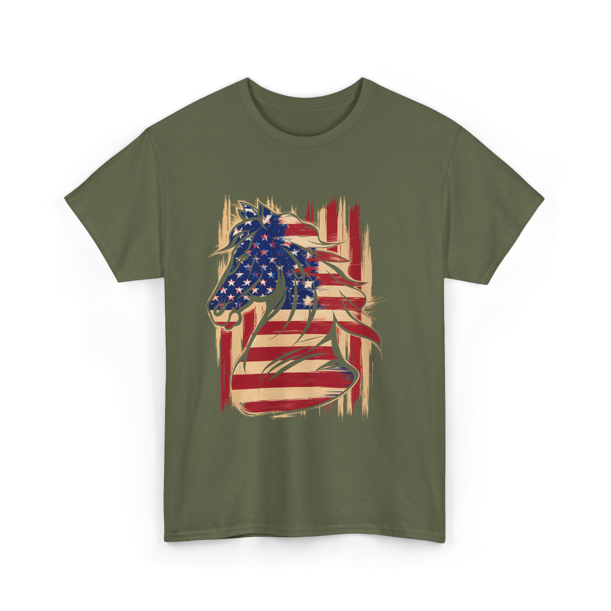 Patriotic Horse American Flag Horse T-Shirt - Military Green