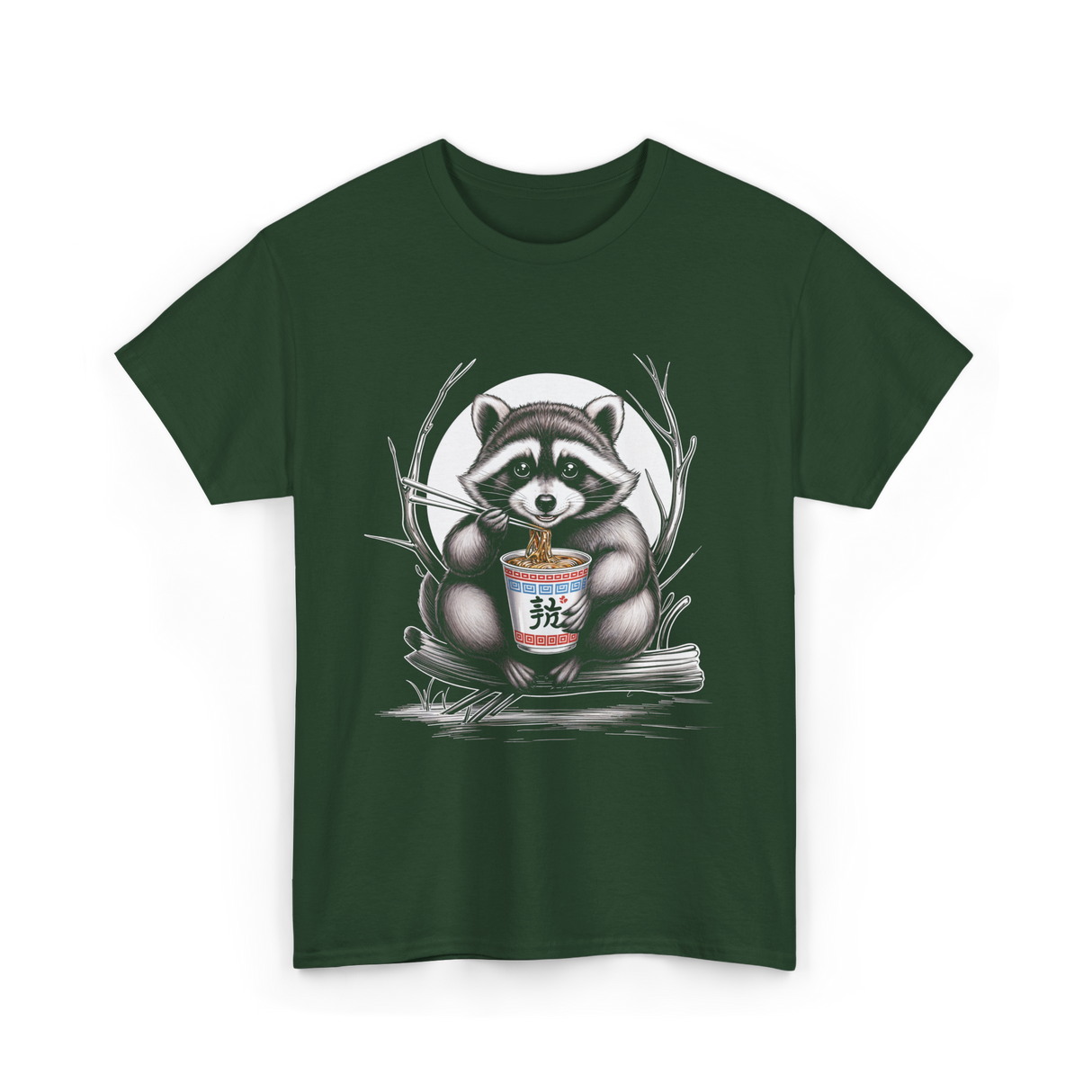 Raccoon Eating Noodles Raccoon T-Shirt - Forest Green