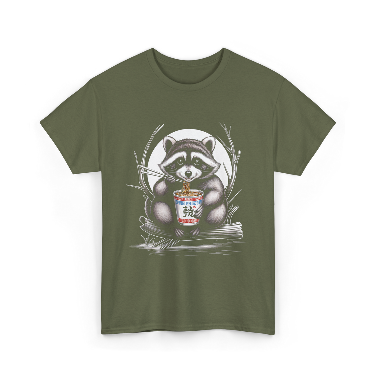 Raccoon Eating Noodles Raccoon T-Shirt - Military Green