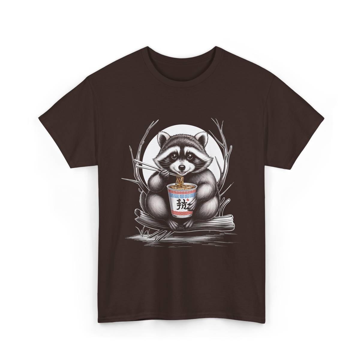 Raccoon Eating Noodles Raccoon T-Shirt - Dark Chocolate