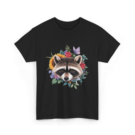 Raccoon Face Floral Raccoon Lover T-Shirt - Black