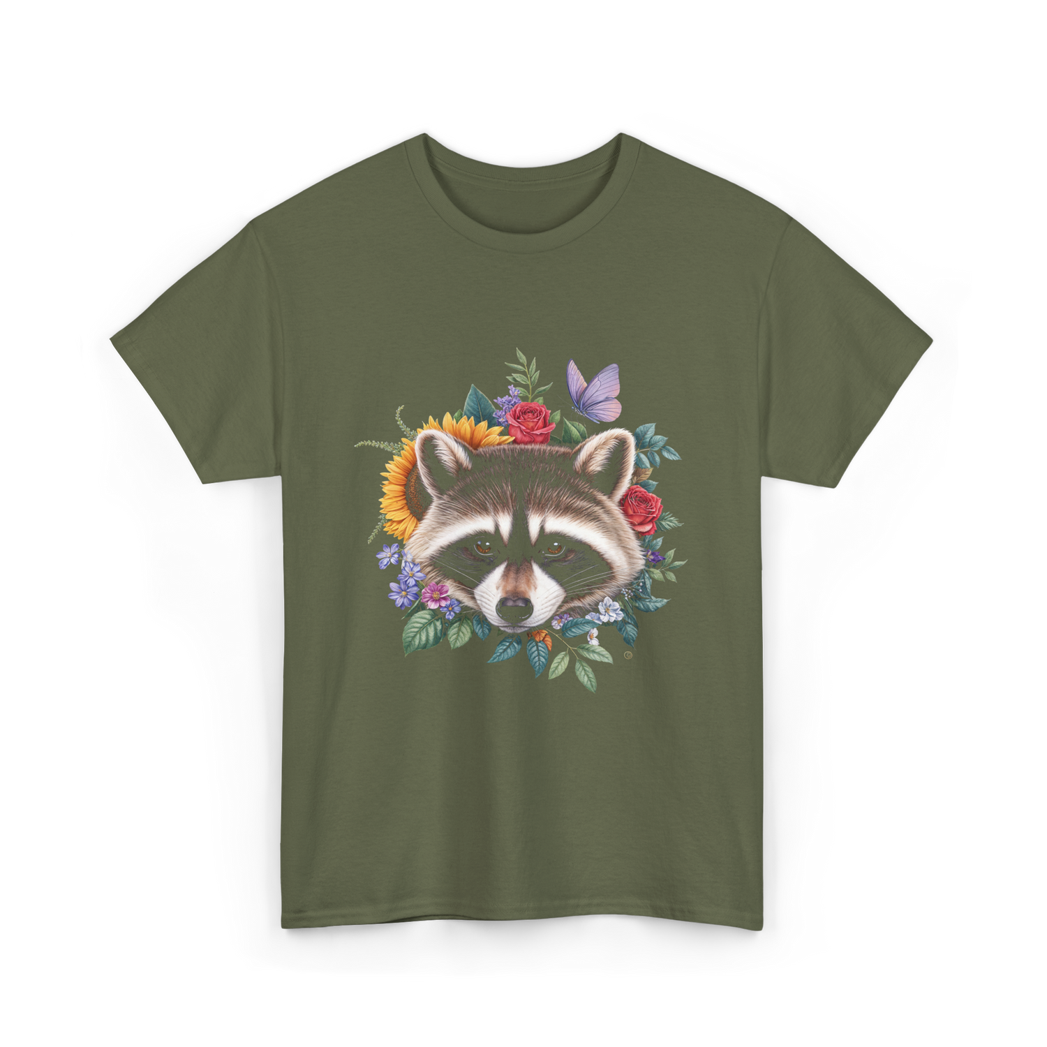 Raccoon Face Floral Raccoon Lover T-Shirt - Military Green