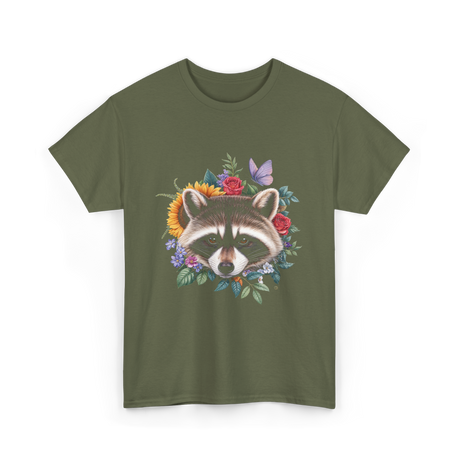 Raccoon Face Floral Raccoon Lover T-Shirt - Military Green