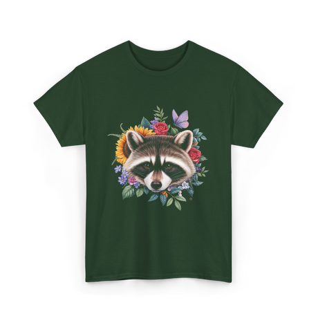 Raccoon Face Floral Raccoon Lover T-Shirt - Forest Green
