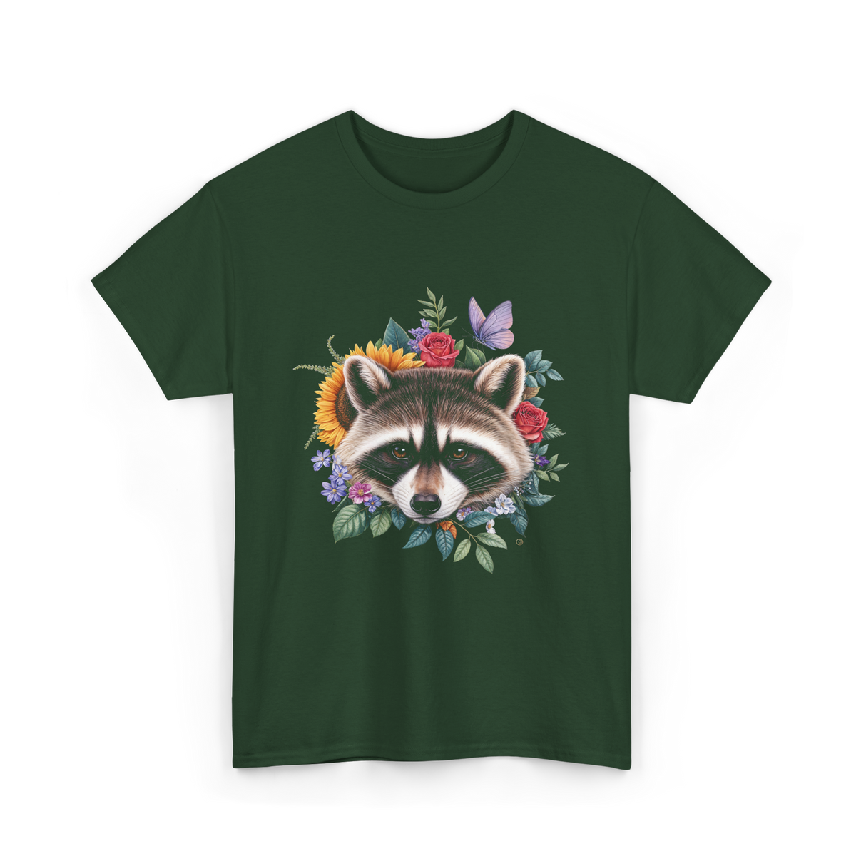 Raccoon Face Floral Raccoon Lover T-Shirt - Forest Green