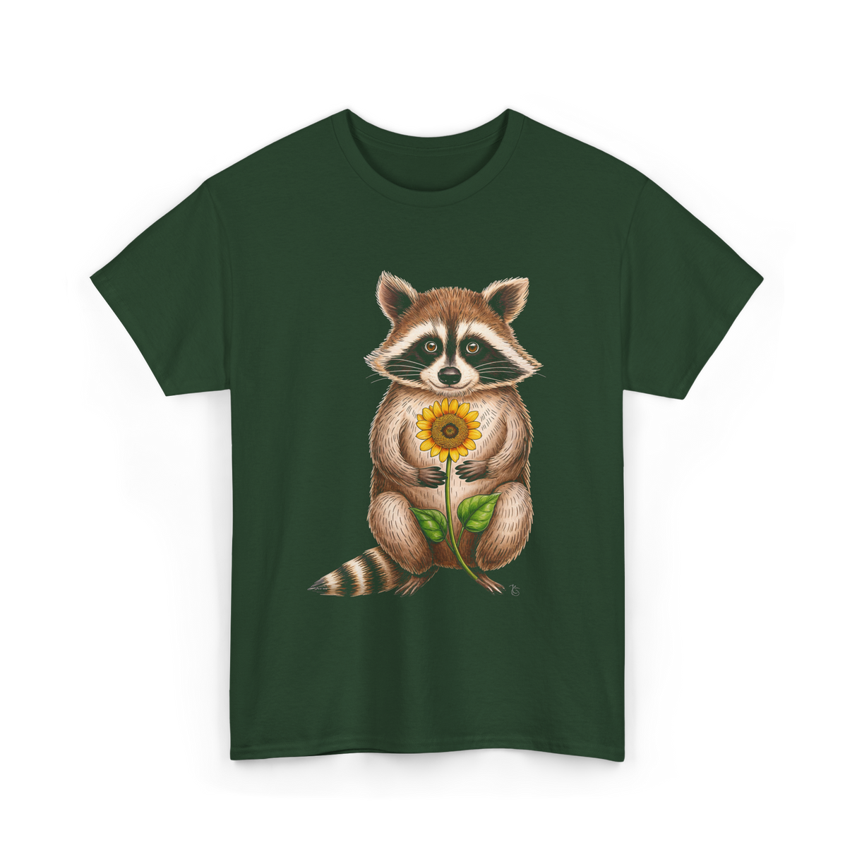 Raccoon Holding Sunflower Raccoons T-Shirt - Forest Green