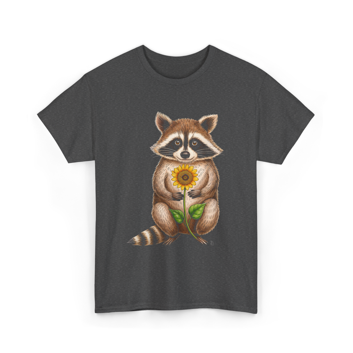 Raccoon Holding Sunflower Raccoons T-Shirt - Dark Heather