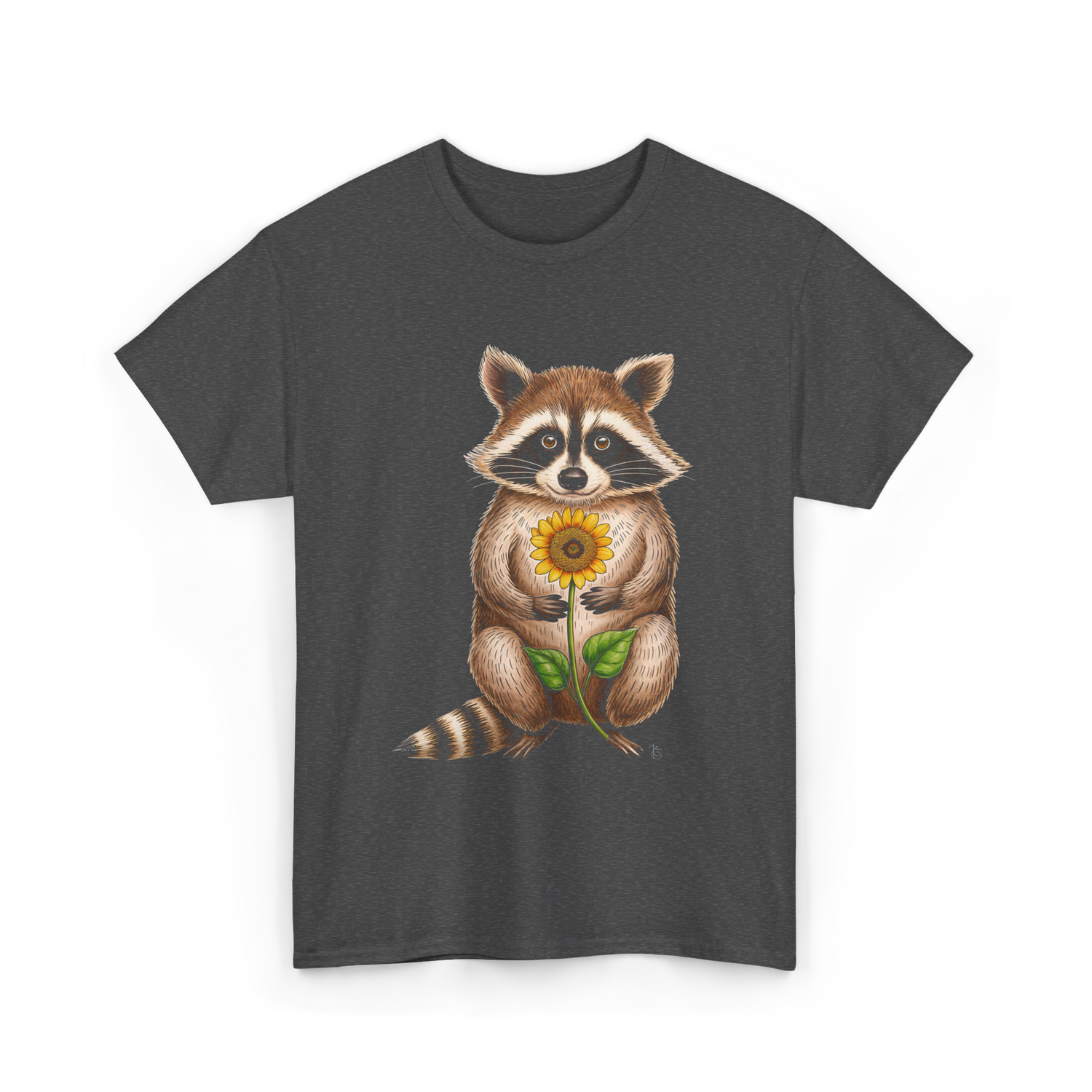 Raccoon Holding Sunflower Raccoons T-Shirt - Dark Heather