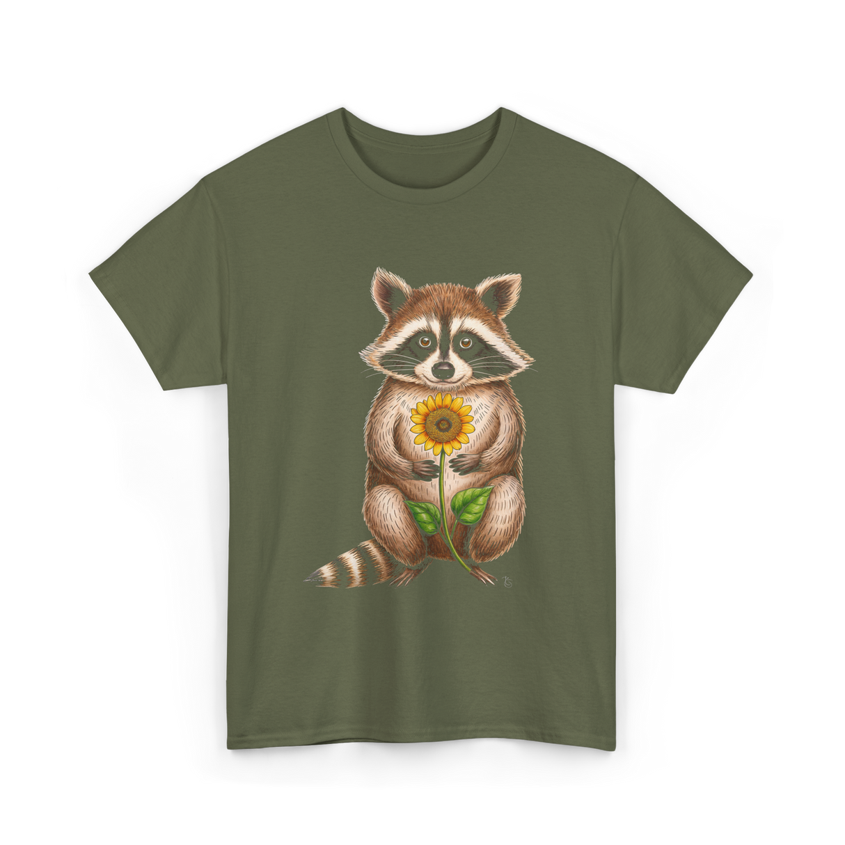 Raccoon Holding Sunflower Raccoons T-Shirt - Military Green