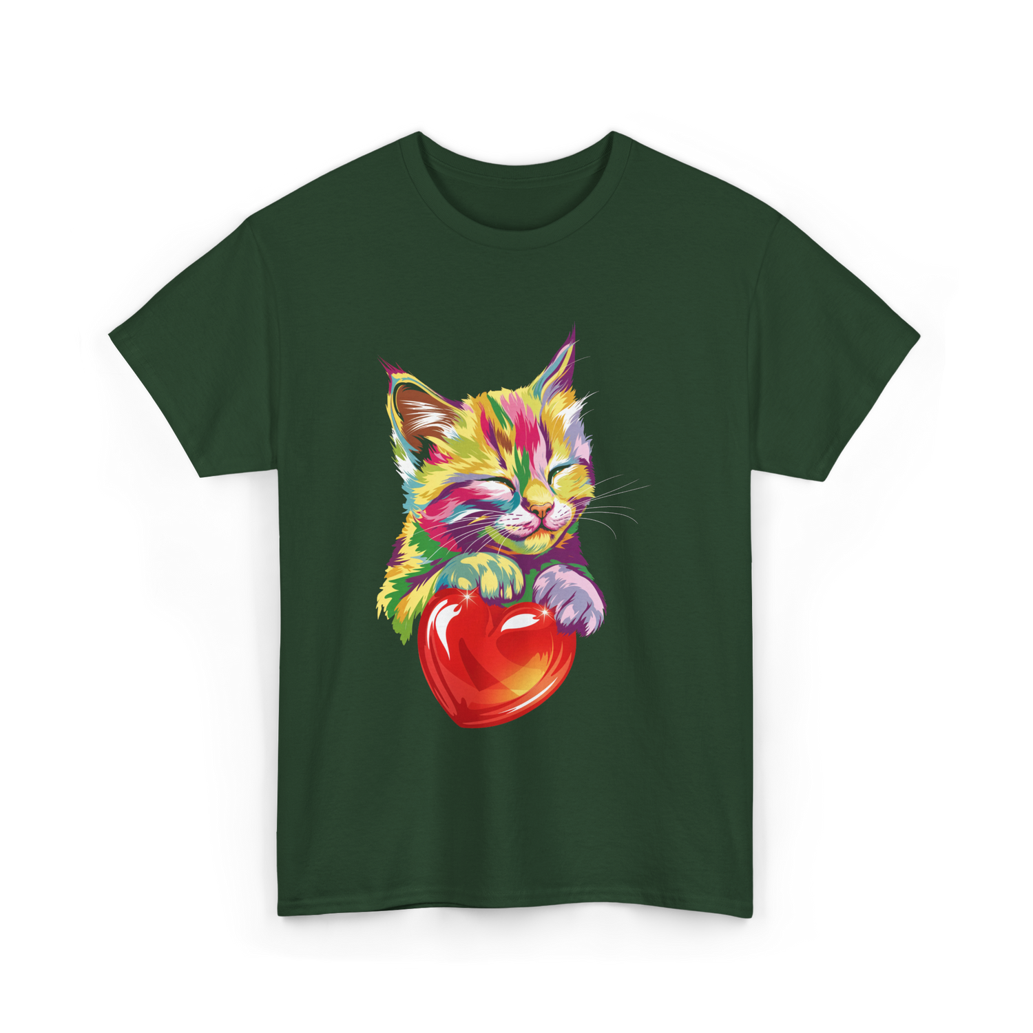 Rainbow Cute Cat Love Kitty T-Shirt - Forest Green