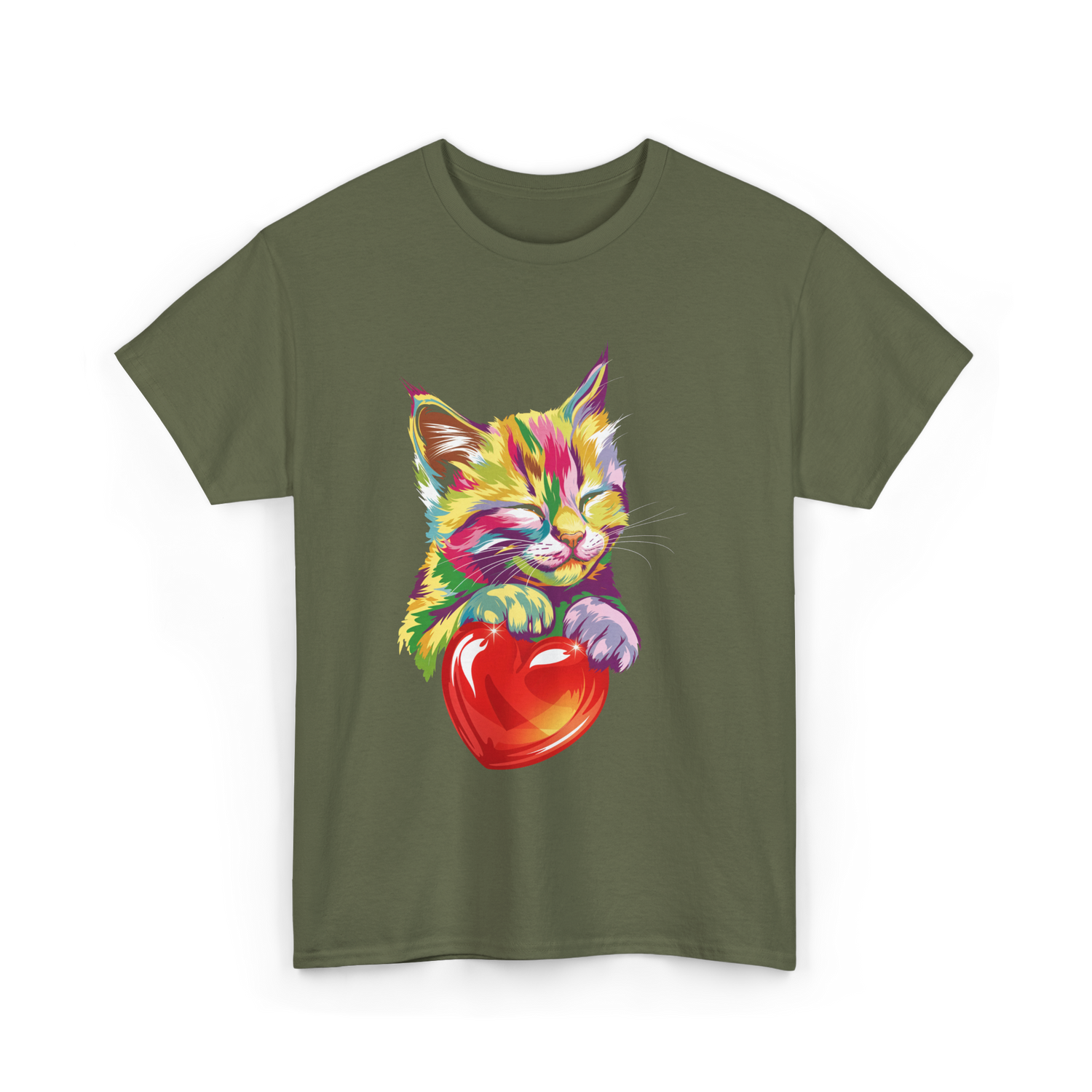 Rainbow Cute Cat Love Kitty T-Shirt - Military Green