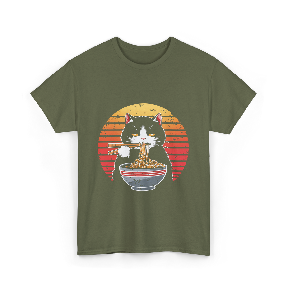Ramen Cat Retro Noodles T-Shirt - Military Green