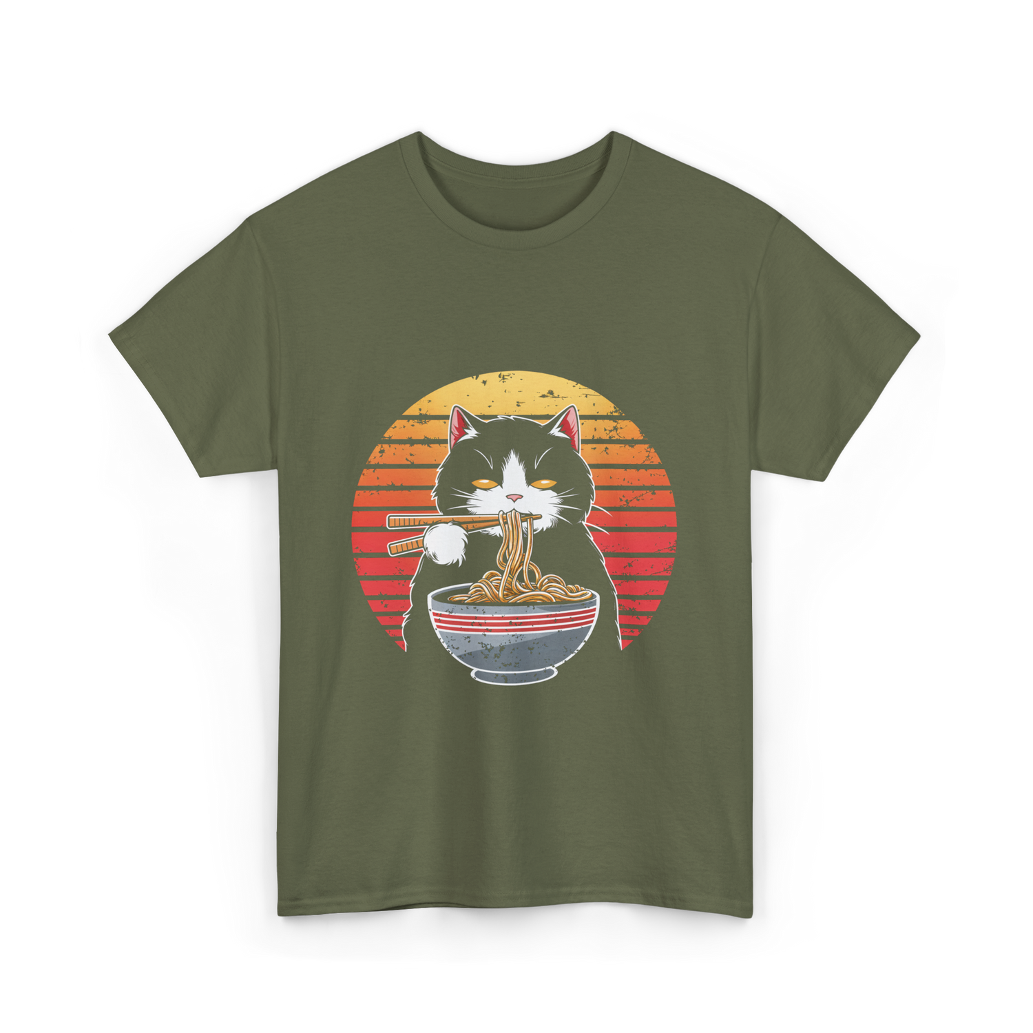 Ramen Cat Retro Noodles T-Shirt - Military Green