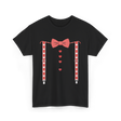 Red Hearts Bow Tie Suspenders Costume T-Shirt - Black