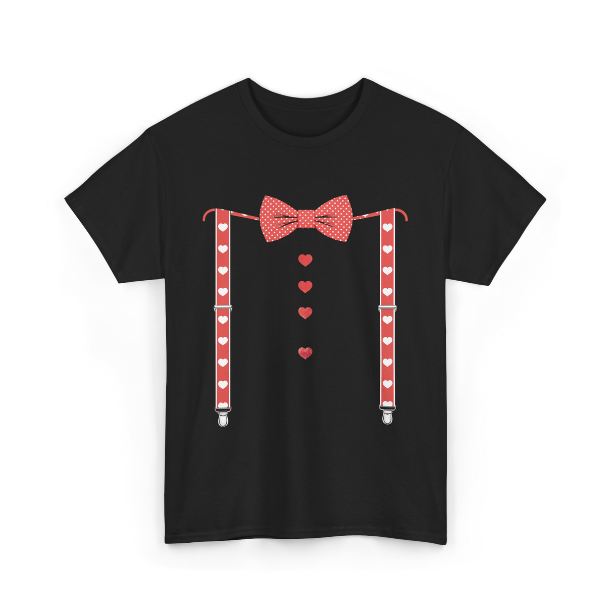 Red Hearts Bow Tie Suspenders Costume T-Shirt - Black