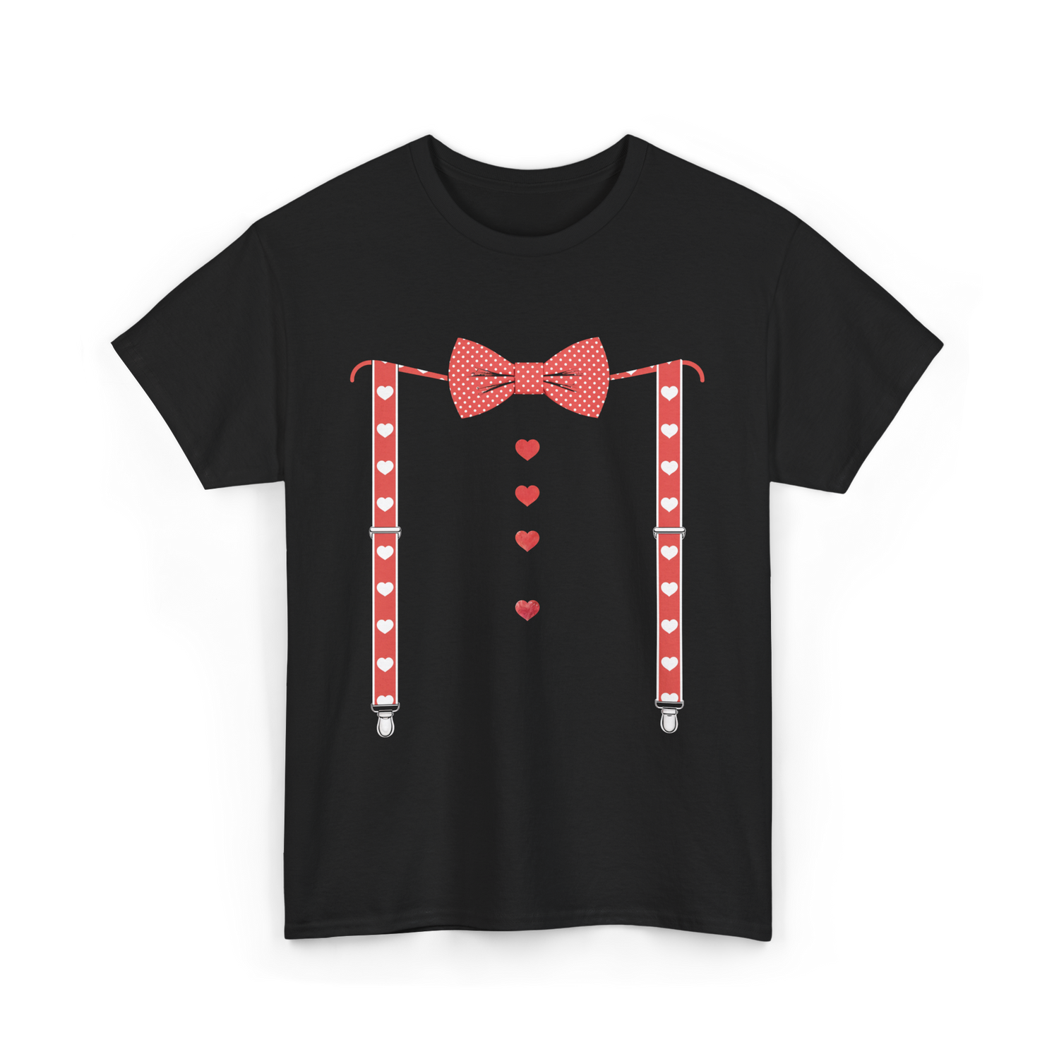 Red Hearts Bow Tie Suspenders Costume T-Shirt - Black