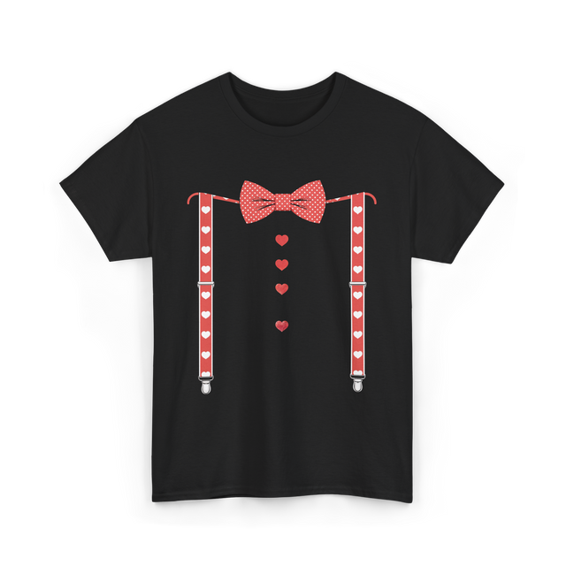 Red Hearts Bow Tie Suspenders Costume T-Shirt - Black