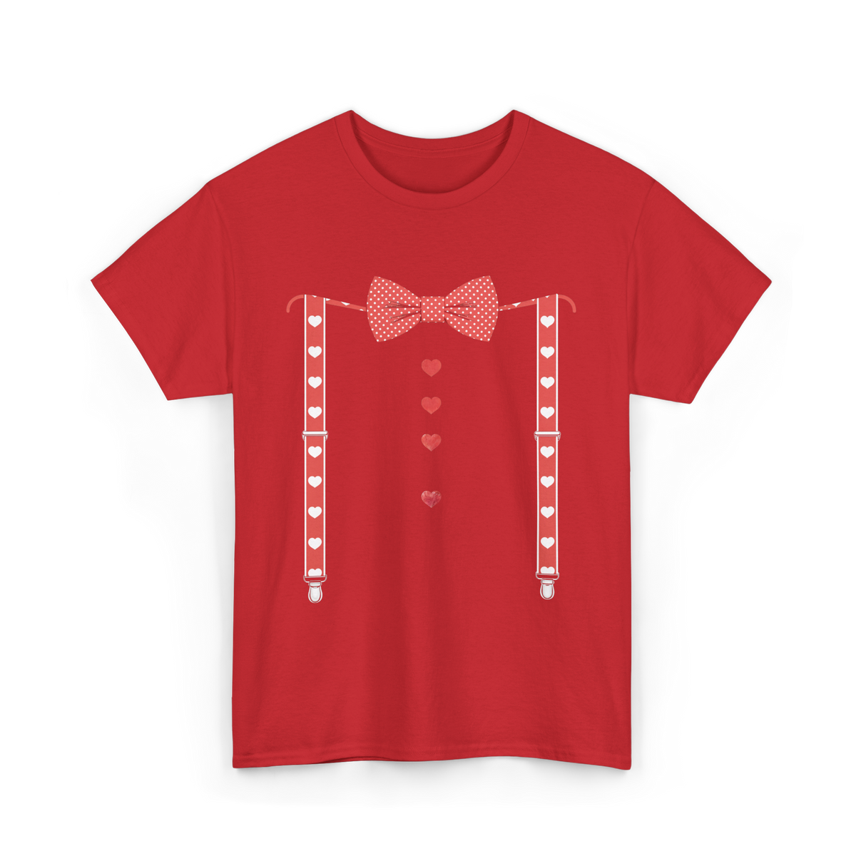 Red Hearts Bow Tie Suspenders Costume T-Shirt - Red