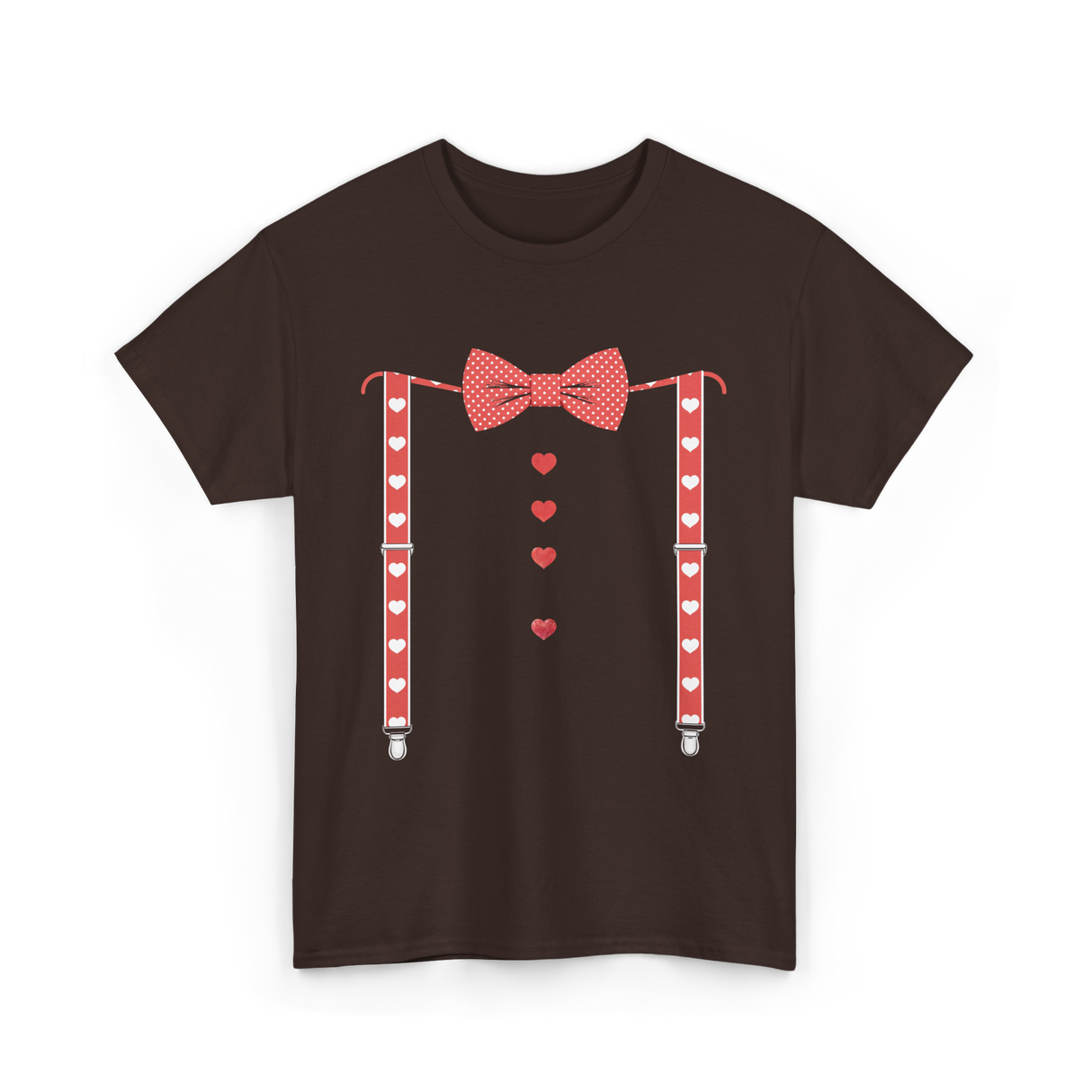 Red Hearts Bow Tie Suspenders Costume T-Shirt - Dark Chocolate