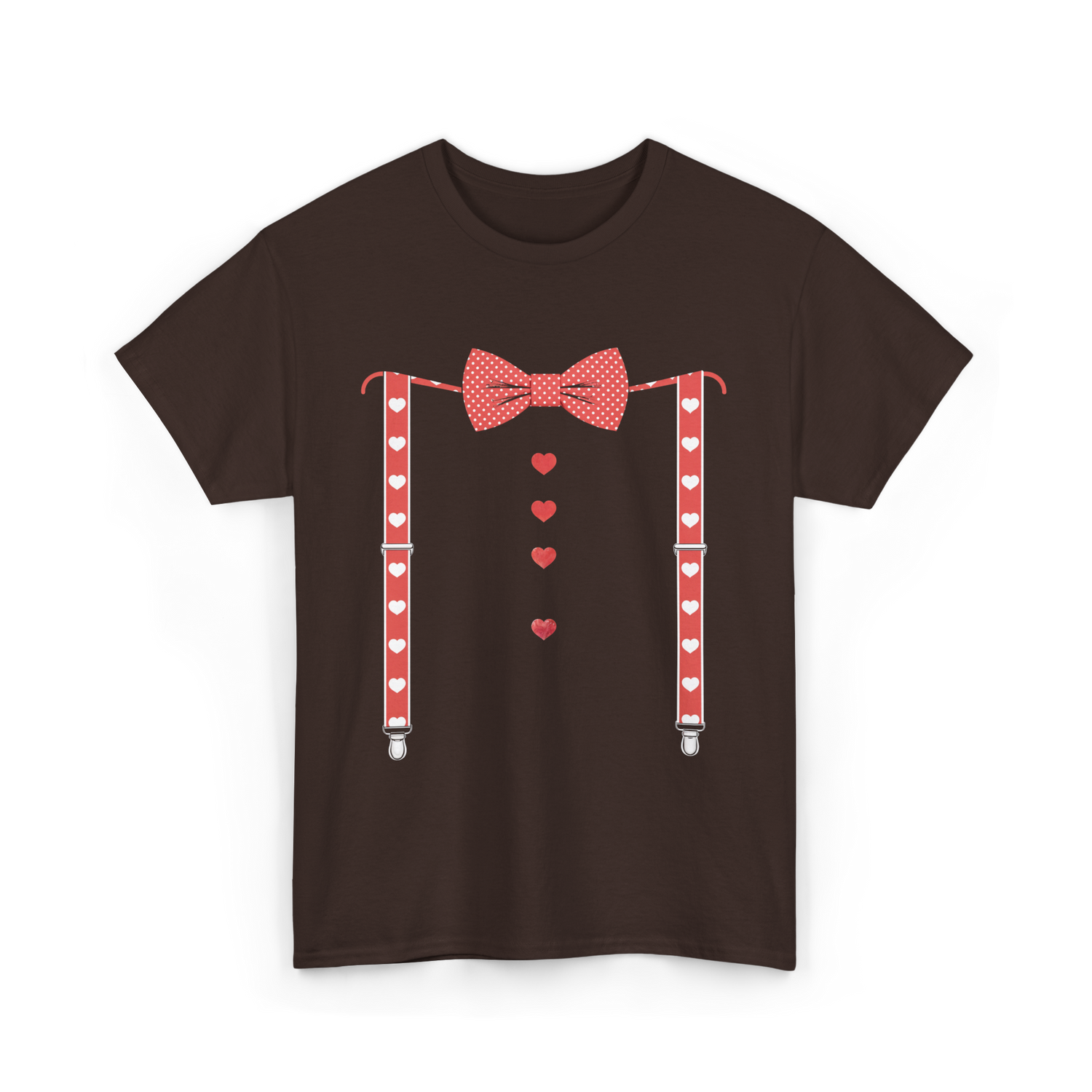 Red Hearts Bow Tie Suspenders Costume T-Shirt - Dark Chocolate
