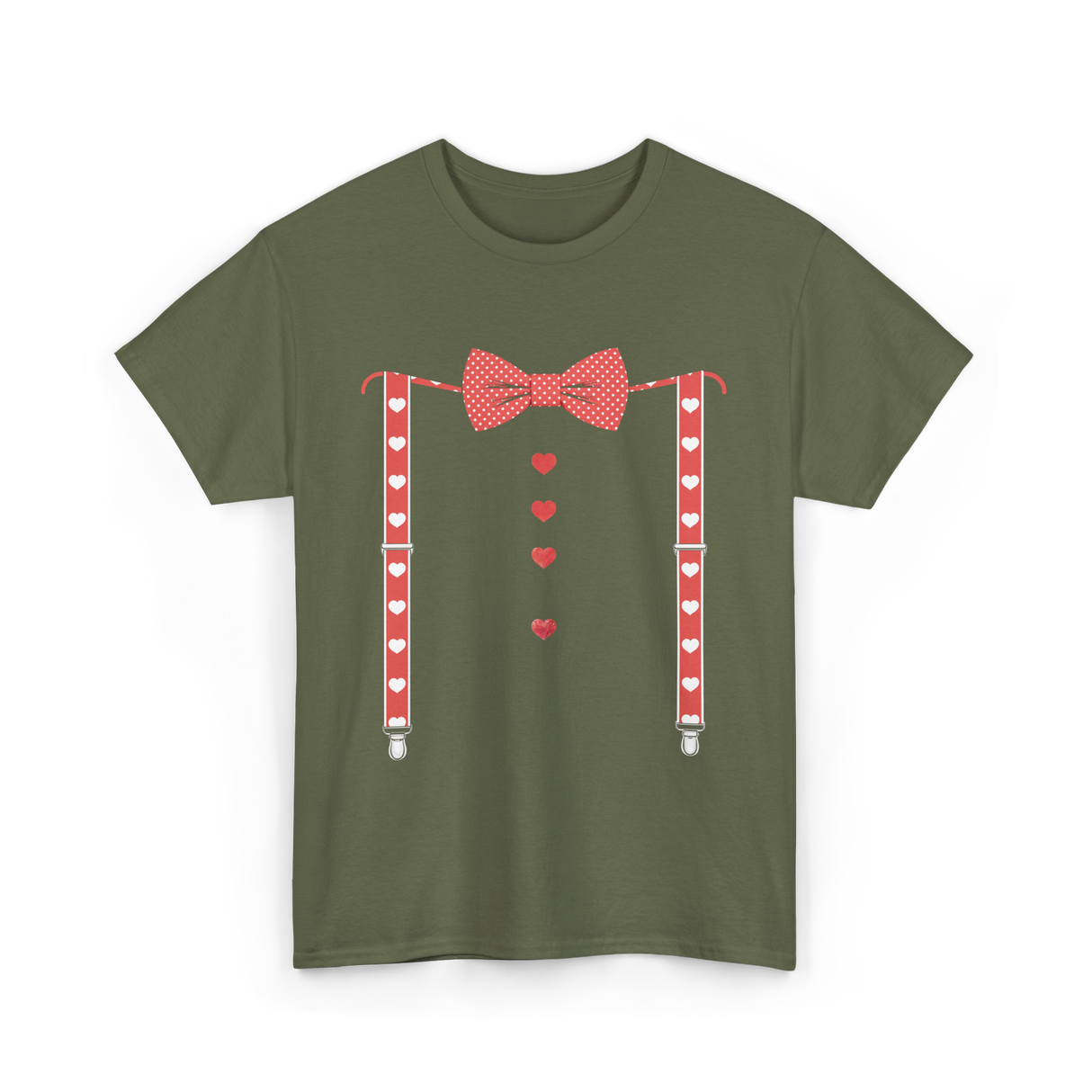 Red Hearts Bow Tie Suspenders Costume T-Shirt - Military Green