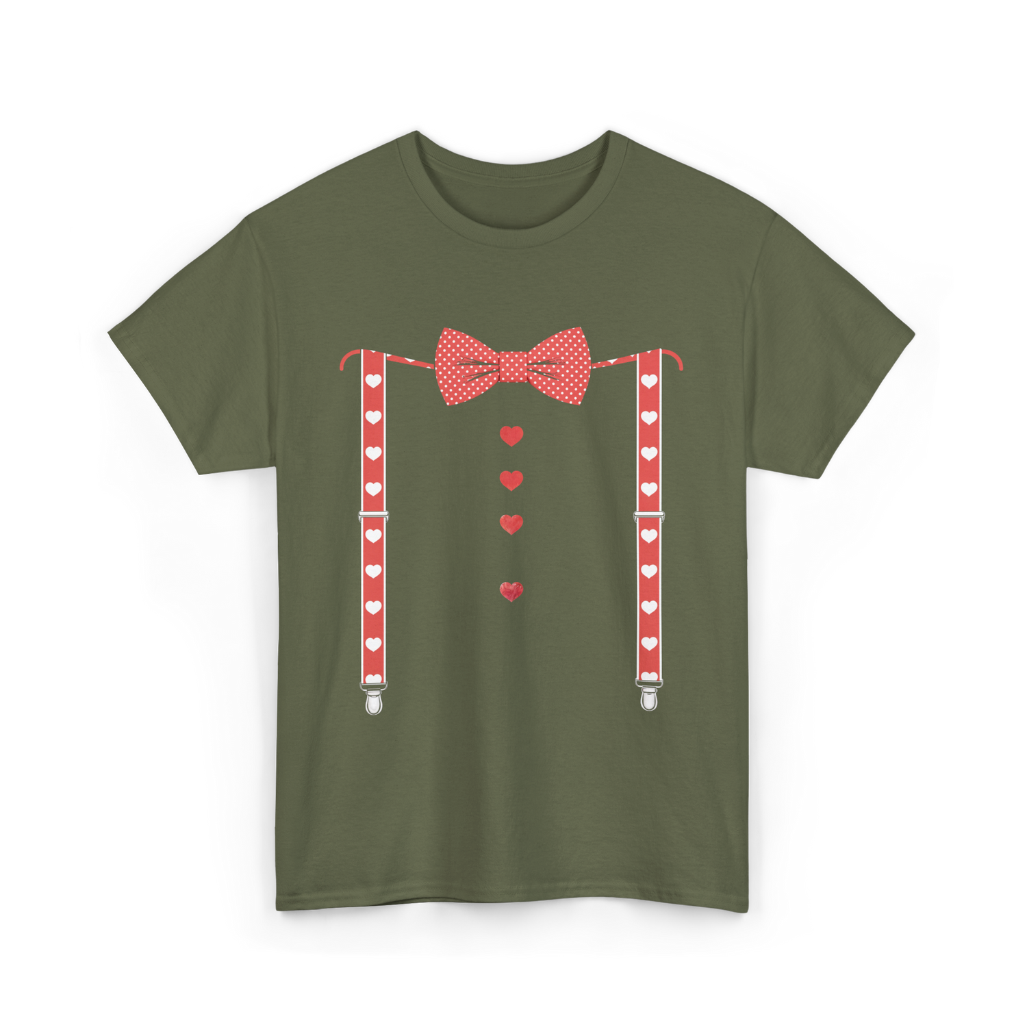Red Hearts Bow Tie Suspenders Costume T-Shirt - Military Green